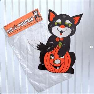 Vintage Eureka Jointed Cat Pumpkin Cardboard Halloween Decor Original Packaging
